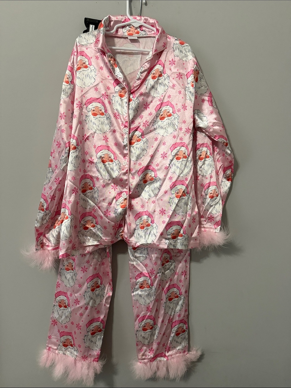 Kids Pink Santa Print Pajama Set with Faux Fur Trim-Size 10-11Y
